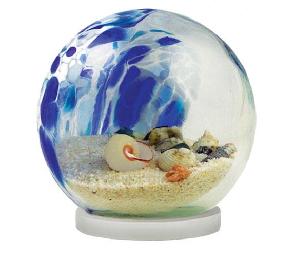 Blue Glass Globe filled with sand and seashells